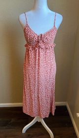 coral pink white floral midi v neck strap dress | XS Photo 0