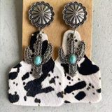 Boutique Western Cow Print Flower Turquoise Cactus Earrings Photo 0