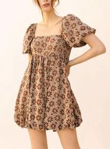 Storia Short Puff Sleeve Square Neck Floral Daisy Bubble Hem Mini Dress Brown M Photo 0