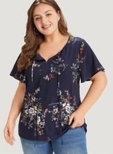 BLOOMCHIC navy flutter sleeve blouse with floral print size 12 SEE DESCRIPTION Photo 0