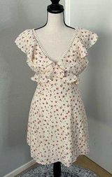 Off White Cream Pink Floral Dress with Ruffle Detail - Size M Photo 0