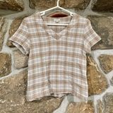 Tan/White Plaid Earth Tones Boho V-Neck Organic Gauze Cotton Top Photo 0