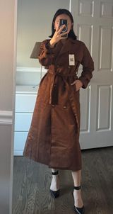 Edyisa Brown Faux Suede Long Waist Tie Trench Coat New Photo 0