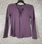 Harlowe & Graham Purple Ribbed Lace Up Neck Knit Top - Size Large - Long Sleeves Photo 0