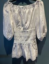 White Eyelet 3/4 Puff Sleeve Mini Dress Ruffle Collar Stretch Size S Photo 0