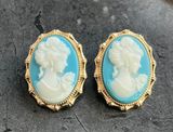 Anthropologie 18k Gold Plated Cornflower Blue Cameo Oversized Earrings With Backings Photo 0