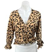Olivaceous Beige Black Animal Print Leopard Ruffle V Neck Crop Blouse Top Size L Photo 0