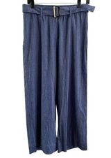 NEW J Jill Size S Linen Blend Wide Leg Ankle Pants Blue Thin Stripe Belted Photo 0