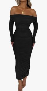 Womens Fall Off Shoulder Maxi Bodycon Dress Long Sleeve Ruched Photo 0