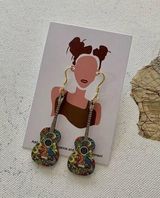 Multicolor Retro Floral Wooden Guitar Drop Festival Statement Earrings Photo 0