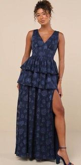 Lulus Cherished Elegance Navy Blue Burnout Jacquard Tiered Maxi Dress Size Small Photo 0