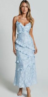 Showpo Michaela Midi Dress Jacquard Ruffle Tiered Light Blue Photo 0