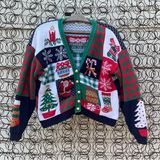 Y2K Sweater Loft Ugly Christmas Holiday Cardigan Patchwork Americana red green Photo 0