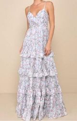 NEW Lulus Perfectly Charismatic Blue Floral Tiered Ruffled Maxi Dress Sz Medium Photo 0