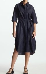 COS  Belted Denim Midi Shirt Dress in Navy, Size 6 Photo 0