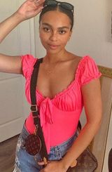 NWT Tie Off Shoulder Ruched Bodysuit Pink Photo 0