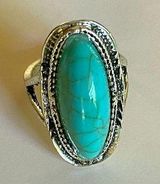 Silver turquoise ring faux stone silver tone oval boho Photo 0