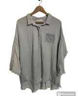 Umgee  Women Fringe Hem Button Down Shirt Gray Blue Wash 3/4 Sleeve Boho  XL Photo 0