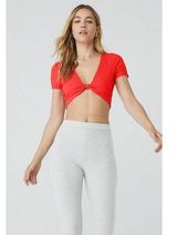 Alo Yoga Red Ribbed Knot Front Plunging V-neck Short Sleeve Crop Sports Bra Top Photo 0