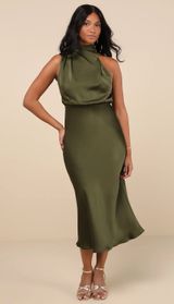 NWOT Lulus Distinctive Charm Olive Green Satin Asymmetrical Midi Dress Size S Photo 0