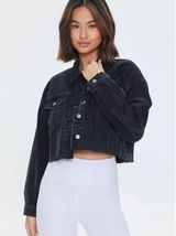 distressed, black denim jacket, cropped size medium Photo 0