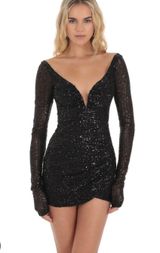 Lucy in the Sky Sequin V-Neck Long Sleeve Dress in Black Photo 0