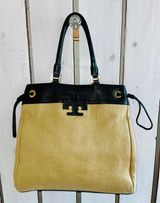 Tory Burch Black Leather Beige Straw Handbag Photo 0