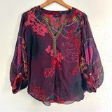 Hale Bob  100% Silk Purple Red Bell Sleeve Blouse Small Boho Photo 0