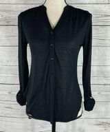 Maison Jules  X-Small XS Top Hi-Low Roll-Tab Sleeves Button Up Stretch Black New Photo 0