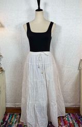 Beach babe White Broomstick Maxi Silver Gold Stripe Skirt Sz L Photo 0