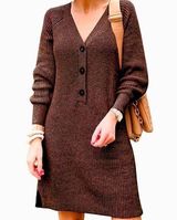 Brown V Neck Long Sleeve Button Down Pullover Midi Knit Sweater Dress — Medium Photo 0