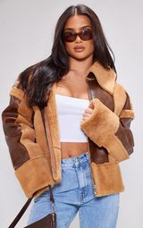 PrettyLittleThing Petite Brown Distressed PU & Fur Contrast Jacket Photo 0