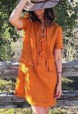 Anthropologie Maeve Linen Lace Up Gold Dress | 0 Photo 0