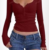 SHEIN Burgundy Ribbed Long Sleeve Top Photo 0