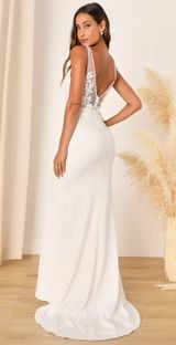 NWOT  Precious Promise White Satin Embroidered Lace Mermaid Maxi Dress Photo 0