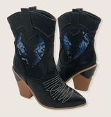Black Blue Snakeskin Print Western Cowgirl Point Stacked Block Heel Mid Boot 38 Size 7 Photo 0