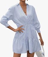 Women's 3/4 Sleeve V Neck Collar Striped Dress Casual A Line Ruffle Hem Mini Dresses Photo 0