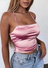 PINK Satin Silk Backless Crop Top Size M Photo 0