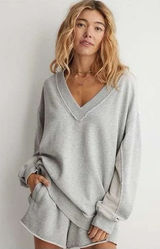Vacay Every Day V Neck oversized Sweatshirt Grey size medium Photo 0