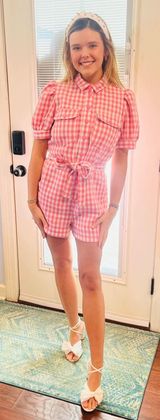 Peach Love Pink Gingham Romper Photo 0