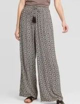 Knox Rose black cream boho floral rayon pull on elastic waist wide leg pants XL Photo 0