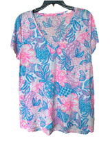 Lilly Pulitzer Etta V-Neck Top Size Large Pink Blue Short Sleeve Tropical Floral Photo 0