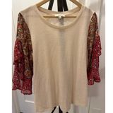 Umgee Boho Ruffle Bell Sleeve Top Cream Top Dark Blush Leopard Floral Size XL Photo 0