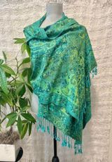 Intricate hand knitted gypsy vibe paisley woven shawl, beach cover up, or scarf with fringe Green Photo 0