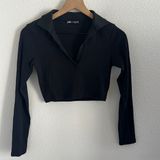 ZARA Black Long Sleeve Collared V Neck Cropped Top Shirt Mini Ribbed Medium Photo 0