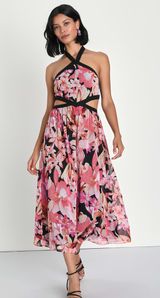 Lulus Pink Floral Cutout Halter Midi Dress Photo 0