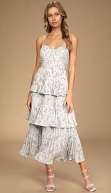 NWT Lulus Cascading Crush Pale Blue Floral Print Tiered Bustier Midi Dress Sz L Photo 0