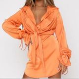 White Fox Split Second Tie Collared Satin Bright Orange Mini Dress Size S Photo 0