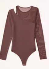 Maroon Asymmetrical Mesh Sleeve Bodysuit Photo 0