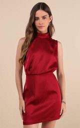 Lulus Classic Elegance Wine Red Satin Sleeveless Mock Neck Mini Dress Cocktail L Photo 0